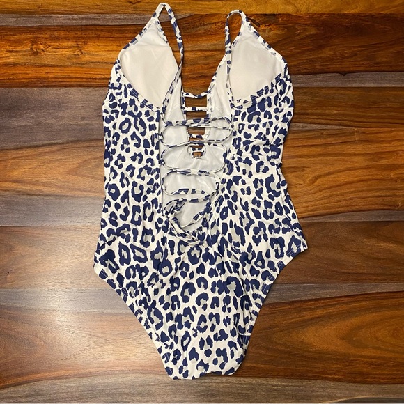 NEW Athena One Piece Swimsuit Blue Leopard Plunge Strappy Corset Back Leopard 8 - Picture 7 of 11